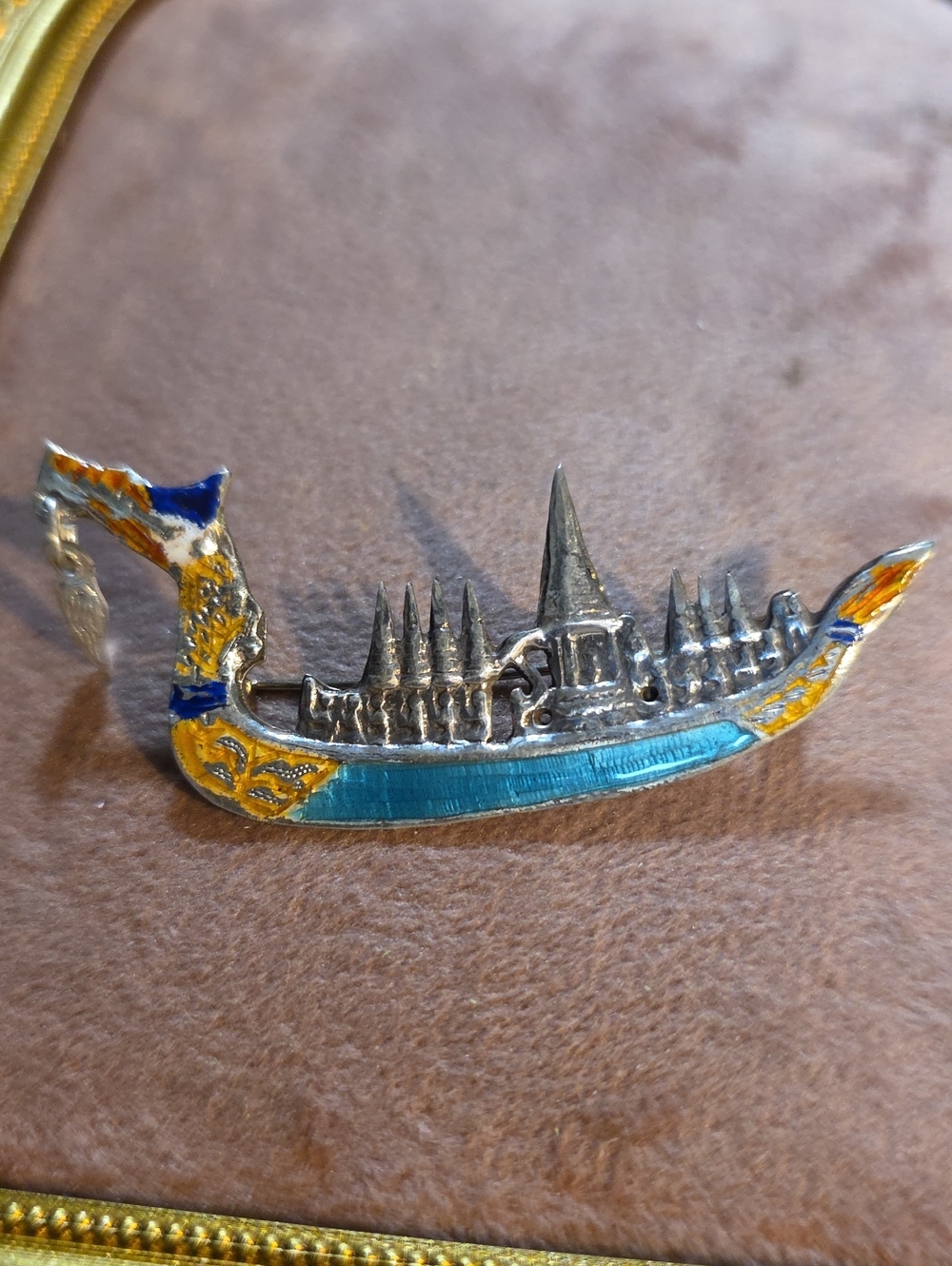Vintage Siam Sterling Silver enamel Suphannahongse Royal Barge Brooch